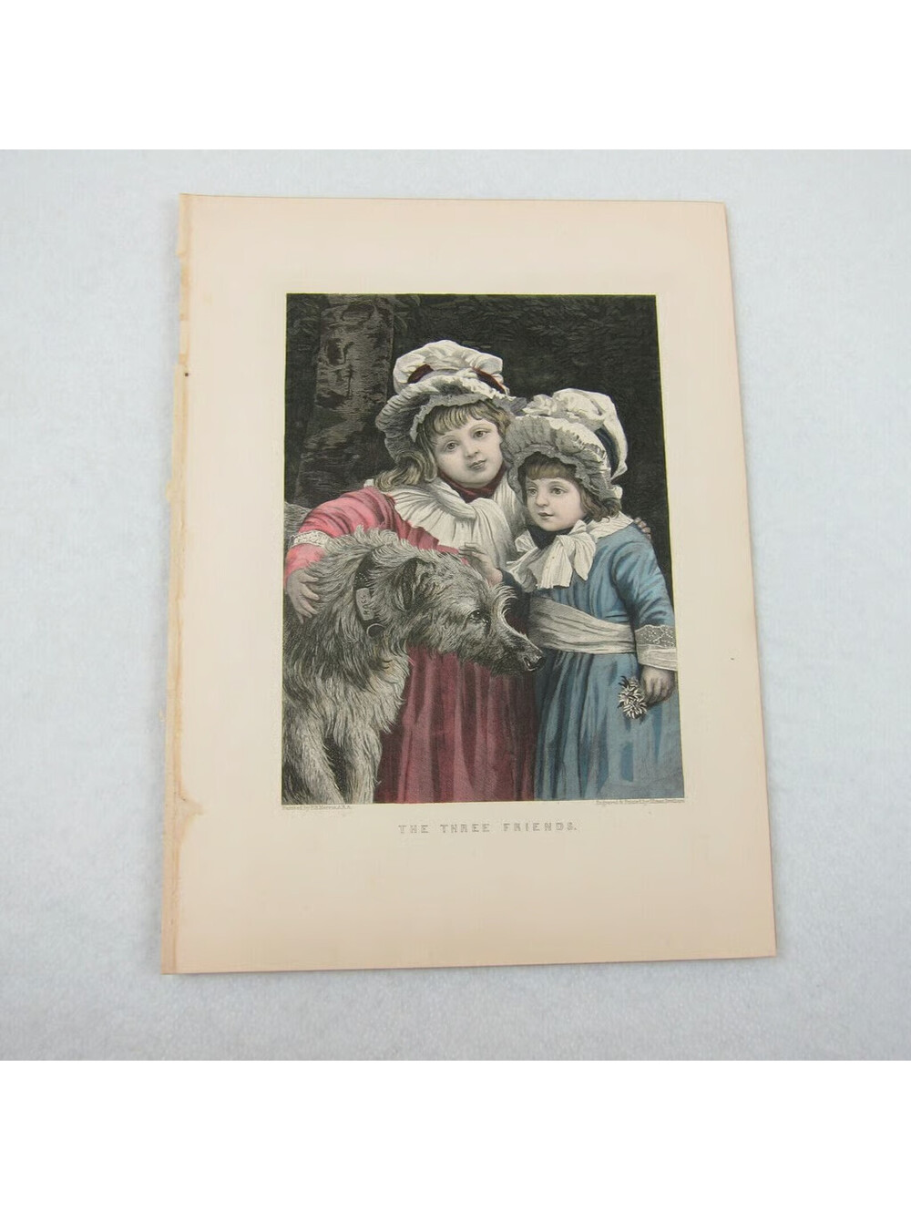 Antique 1800s Victorian Engraving Print Little Girls & Dog Three Friends Colored